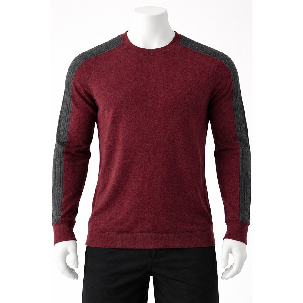 Van Heusen Flex Mens‎ Small Burgundy Crewneck Sweater Grey Shoulder Stripe